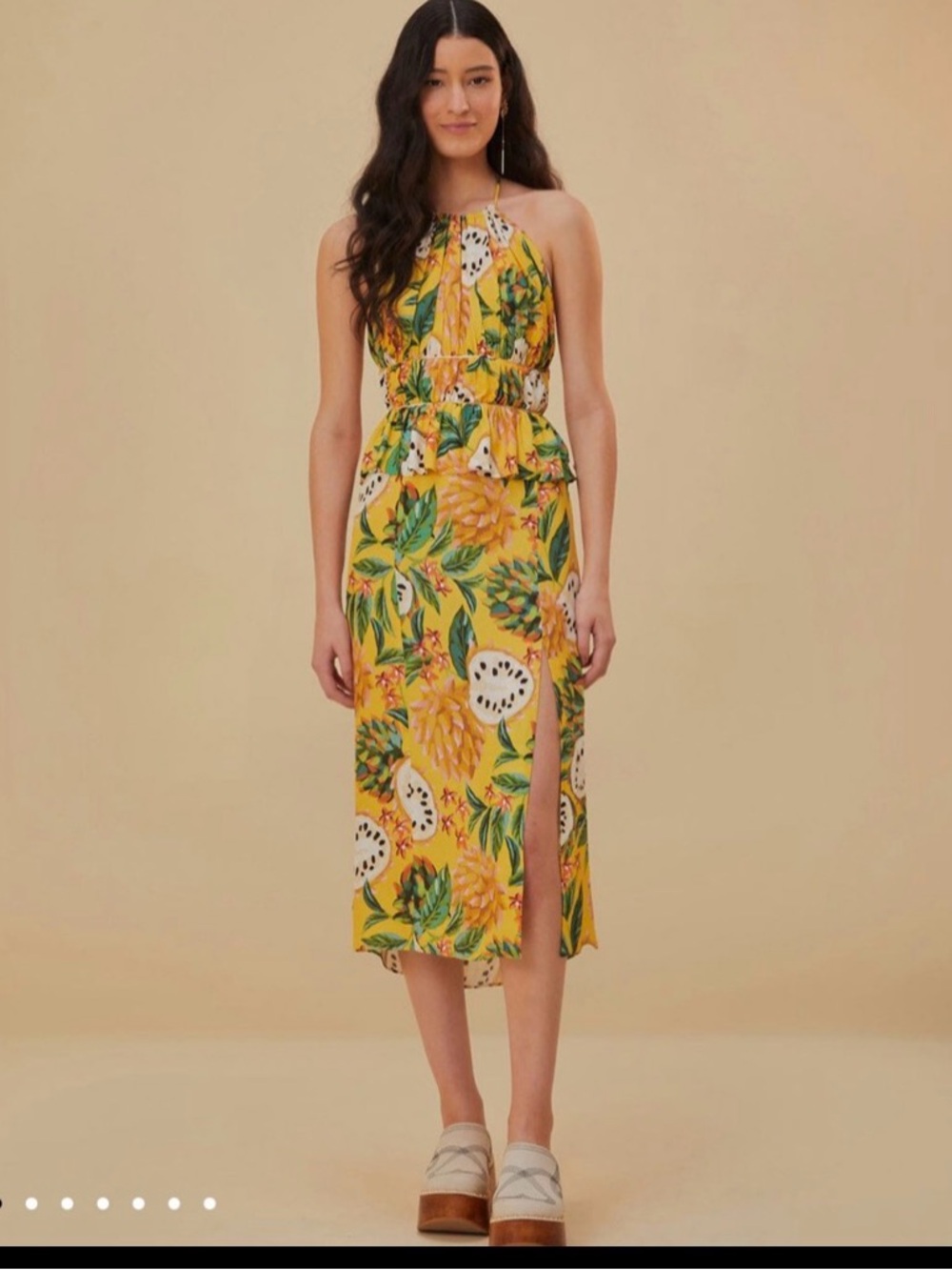 FARM Rio BiRiBA Yellow Tropical Halter Midi Dress with Side Slit and Peplum